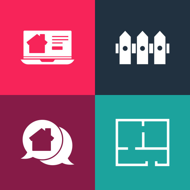 集波普艺术屋计划，房地产信息屋，花园围栏木制和在线真实图标。向量图片下载