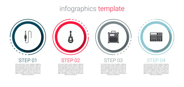 设置音频插孔，吉他，放大器和音乐合成器。业务信息模板。向量图片下载