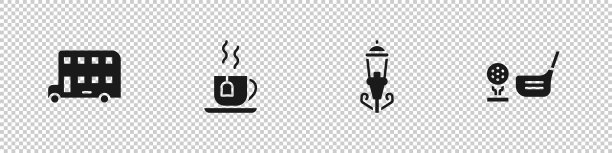 双层巴士，茶杯茶包，复古街灯和高尔夫球杆球的tee图标。向量图片下载