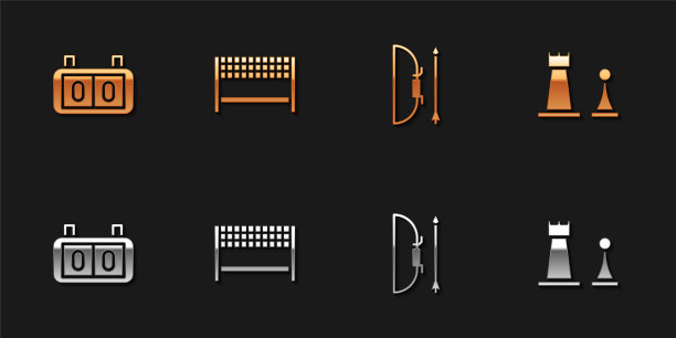 设置运动机械记分板，终点线丝带，弓箭箭袋和象棋图标。向量图片下载