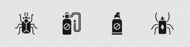 设置甲虫，压力喷雾器，喷雾防虫和图标。向量图片下载