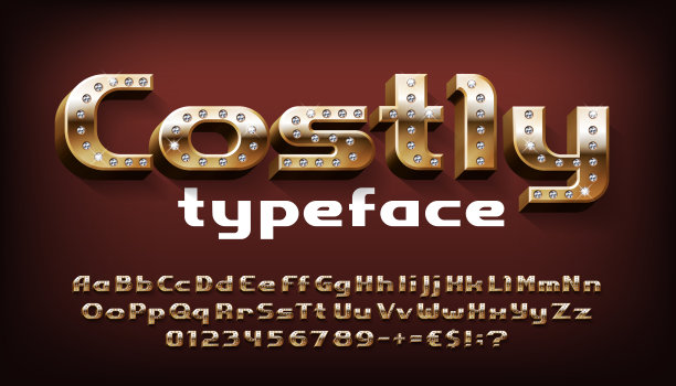 昂贵的字母的字体。3D黄金字母，数字和符号与钻石。大写和小写字母。图片下载