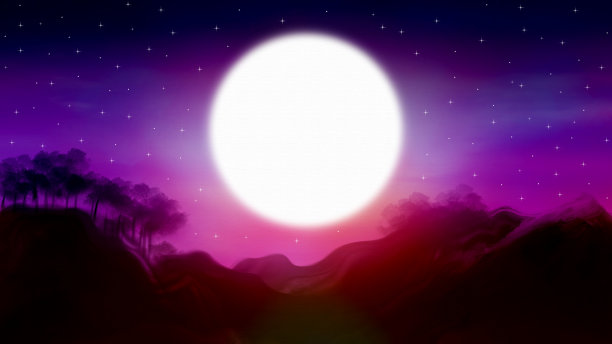 山水画，满月夜繁星满天山素材图片