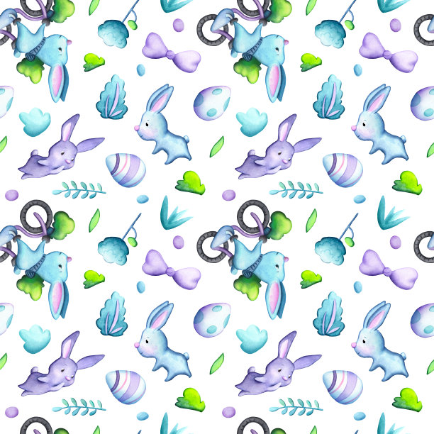 复活节彩蛋和可爱的兔子无缝图案瓷砖在白色的背景。水彩复活节包装纸样本。用于家庭装饰或苗圃纺织品的春假彩色印花。复活节纸tileable图片下载