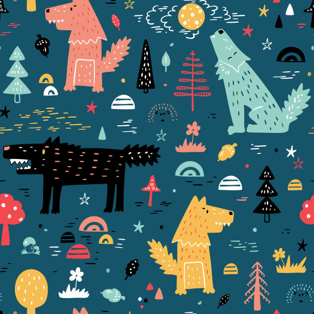 可爱的狼矢量无缝模式。幼稚的背景与手绘涂鸦狼在森林。卡通野生动物壁纸。为孩子设计图片下载