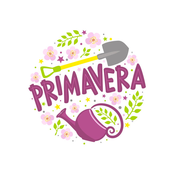 意大利春字象征着盛开的鲜花、铲子和喷壶图片下载