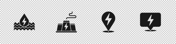 设置水能，电站工厂，闪电和图标。向量图片下载