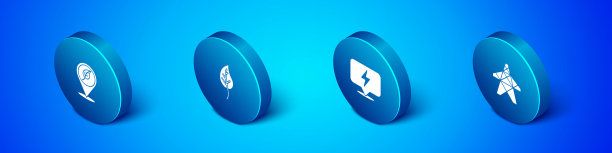 设置等距位置与树叶，闪电，电力塔和树叶或树叶图标。向量图片下载