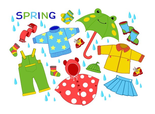 儿童服装元素向量集。春雨。图片下载