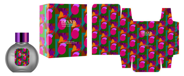 包装设计，标签在香水或化妆品容器与豪华盒模板和模型盒，插图向量。图片下载