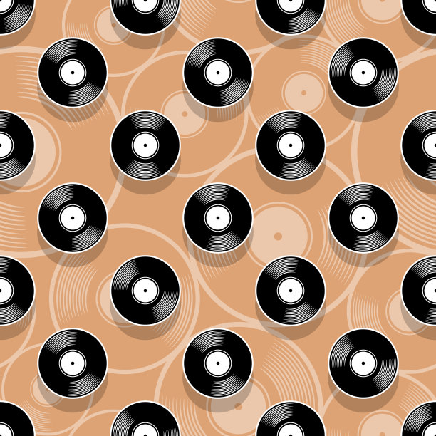 无缝模式数码纸设计与复古复古的乙烯基记录矢量图形图片下载