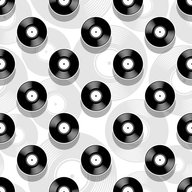 无缝模式数码纸设计与复古复古的乙烯基记录矢量图形图片下载