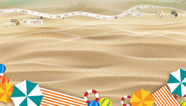 顶视图抽象的海浪在蓝色的海洋上，沙子与雨伞，游泳环，沙滩球，沙滩椅，矢量3D插图地平线横幅你好夏天，销售或促销背景图片下载