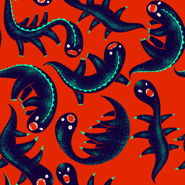 恐怖恐怖的怪物无缝矢量纺织图案，野兽动物无尽的壁纸，时尚的背景为万圣节主题，有趣的图片。图片下载