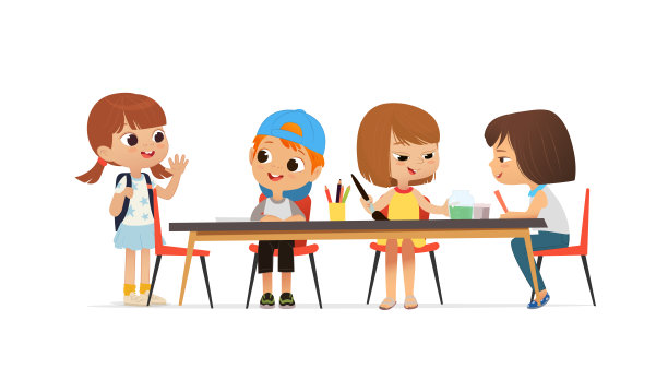 新同学向坐在桌旁的同学打招呼。男孩和女孩用水彩和铅笔画画。美术课上的绘画活动。男孩和女孩用颜料和铅笔画画图片下载