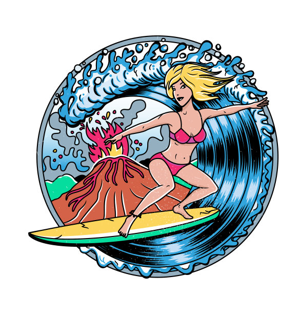 冲浪t恤设计火山和金发图片下载
