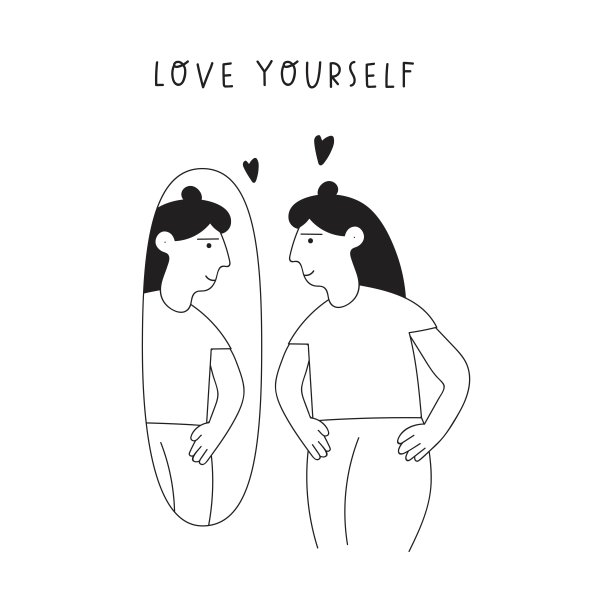 女人站在镜子前对自己微笑。爱你自己。图片下载