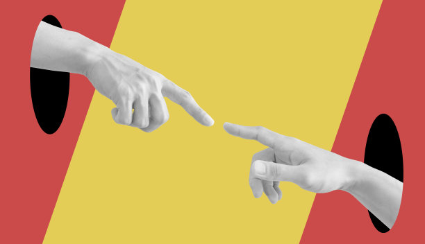 数字拼贴现代艺术。伸出手，手指一起指着图片下载