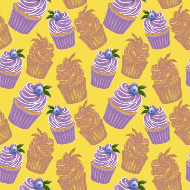 紫色纸杯蛋糕的图案和线条画在黄色的背景上闪闪发光图片下载