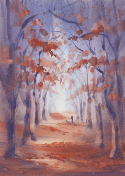 老树公园路在秋天的水彩背景图片下载