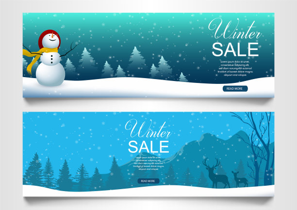 有雪人和村庄的冬季促销横幅图片下载