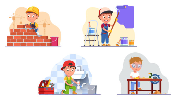 孩子的专业工作者。建筑工人砌砖，墙油漆工，修理水槽排水管的水管工，木匠用台锯做木工。儿童工匠工作集。平面矢量字符插图图片下载