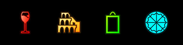 设置酒杯，罗马竞技场，图片和比萨图标。向量图片下载