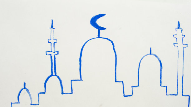 水彩画剪影清真寺，宣礼塔简单的儿童插图，斋月节日图片下载