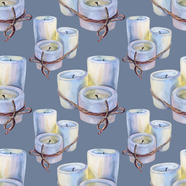 无缝图案水彩包扎芳香白色蜡烛瑜伽或冥想在蓝色背景。手绘魔术对象放松，卡片，贴纸，平衡，愈合，墙纸，包装图片下载