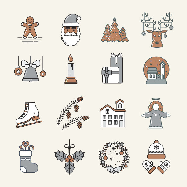 圣诞节设置轮廓蓝色和米黄色图标图片下载