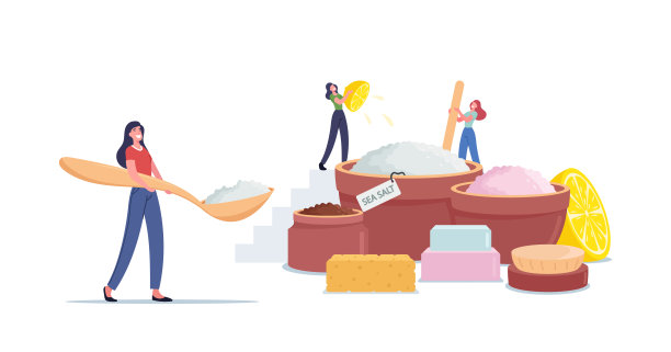 用海盐、柠檬汁和香精油制作脱皮美容产品的小女性角色图片下载