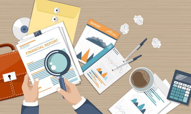 业务报告。财务报告。会计、研究、数据分析、审计、计算。商务办公桌，办公室，工作场所。平面向量插图图片下载