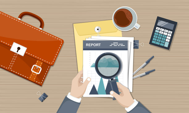 业务报告。财务报告。会计、研究、数据分析、审计、计算。商务办公桌，办公室，工作场所。平面向量插图图片下载