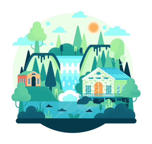 平面卡通插图。春天和夏天的风景-草，树，瀑布和房子图片下载