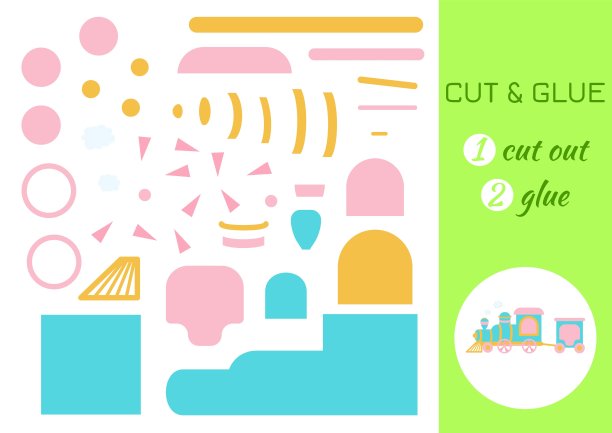 剪和胶水纸卡通绿松石火车。剪切粘贴工艺活动页面。学龄前儿童教育游戏。DIY工作表。儿童逻辑游戏，活动拼图。矢量股票插图。图片下载