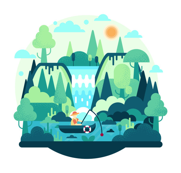 渔夫拿着鱼竿在湖上的船上。平的卡通插图。一个人在大自然中休息，在绿树成荫的池塘里钓鱼，旁边是瀑布。图片下载