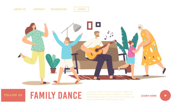 家庭聚会登陆页面模板。父母和孩子的角色跳舞，父亲弹吉他，母亲和奶奶，孩子图片下载