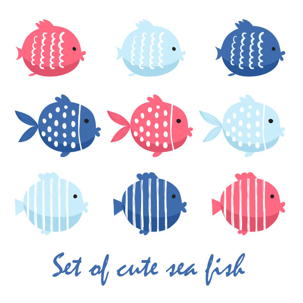 可爱的鱼矢量插图图标集。热带鱼、海鱼、观赏鱼图片下载
