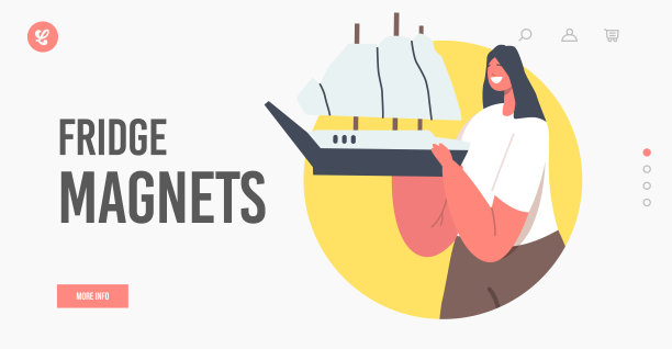 冰箱磁铁登陆页面模板。在冰箱门上拿着船纪念品的女人。假期后的女性角色图片下载