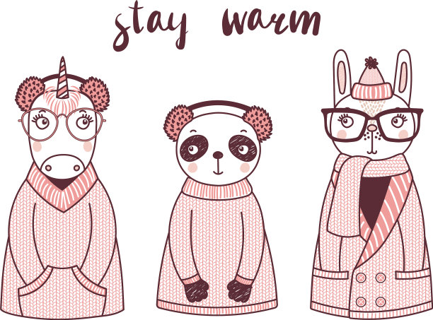 可爱有趣的动物在编织的帽子和毛衣图片下载