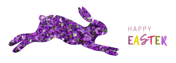 复活节兔子兔子插图剪影制成的紫罗兰。复活节卡片横幅，自然风格图案设计图片下载