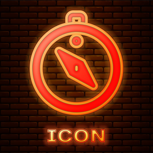 霓虹灯罗盘图标孤立在砖墙上图片下载