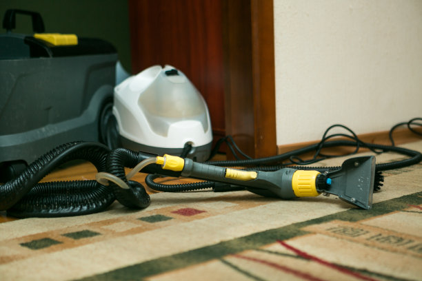 用蒸汽真空吸尘器清洗地毯的过程。地毯清洁设备可以使用了。图片下载