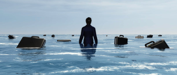 商人在海上，手提箱漂浮着。职业与求职理念。这是一个3d渲染图。图片下载