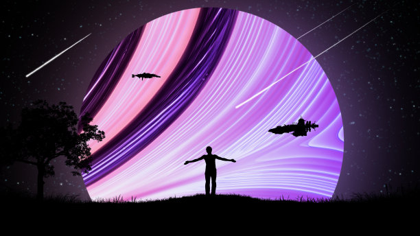 一个人在夜晚的户外，双手分开，高举到空中，背景是星空中的宇宙飞船和一个美丽的发光的霓虹行星。图片下载