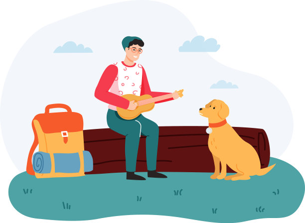 男孩坐在木头上弹吉他，狗坐在上面图片下载