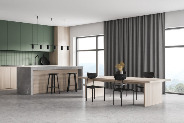 浅色木质厨房，配有餐桌、窗户和镶木地板图片下载