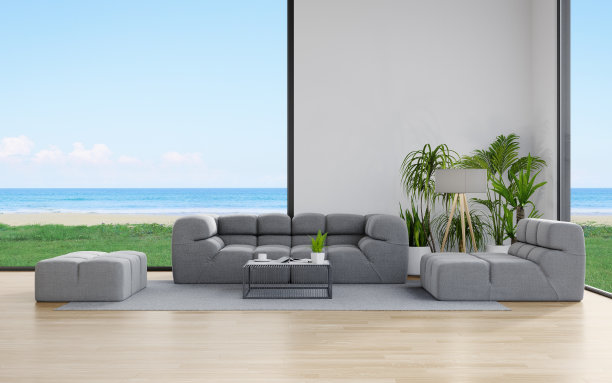 现代住宅或豪华酒店的大客厅木地板沙发。图片下载