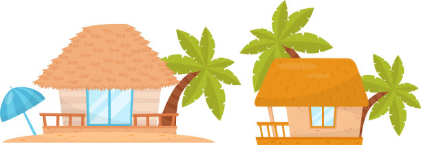夏日的海滩小屋坐落在沙滩上，上面有棕榈树图片下载