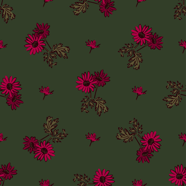 菊花绘花，以粉红色绽放，花卉无缝图案，自然抽象背景矢量。线条艺术植物插画平面设计印花、织物。时尚的绿色壁纸图片下载